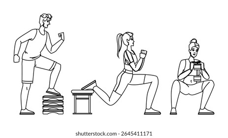 calf fitness exercises leg vector. raises quads, glutes plyometrics, sprints cycling calf fitness exercises leg character. people black line pencil drawing illustration