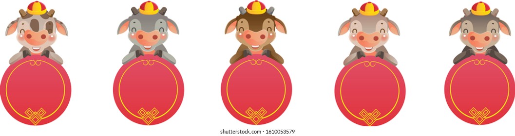 Calf holding a round sign set. Chinese style. Vector illustration isolated on white background.