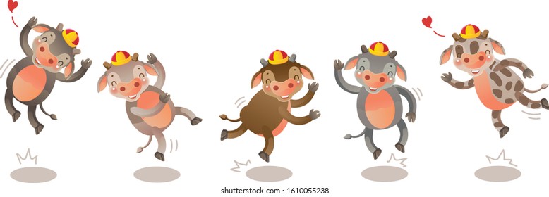 Calf is jumping group. Chinese style. Vector illustration isolated on white background.
