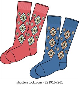 CALF LENGTH AZTEC PATTERN SOCKS PAIR IN EDITABLE VECTOR FILE