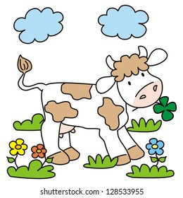 Calf in a meadow with flowers. One animal, cow. Vector illustration