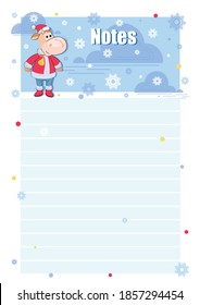 Calf. Notes. Vector background, template. Bull. Santa Claus. Childrens page for records. Template