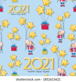 Calf. Pattern. Bull. New Year 2021. Vector background, seamless template. Cute little calf, balloon 