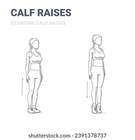 Calf Raises Exercise. Woman Bodyweight Home Workout Black and White Guidance. Girl Doing Standing Calf Raises.