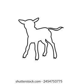 Silueta de pantorrilla, ícono de contorno, Vector. Becerro de granja, icono. Concepto ganadero. Signo de ternero en blanco. Carne de ternera, señal sólida. Ilustración de carne. Insignia de lácteos. Símbolo de leche. Logo del Carnicero. Agricultura