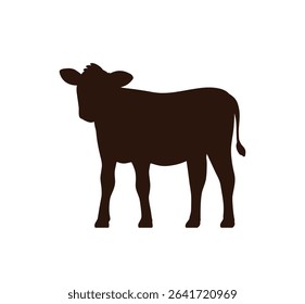Calf silhouette. Young farm animal standing, baby cub, black figure shade, shadow shape. Rural livestock symbol, dairy milk agriculture. Flat vector illustration isolated on white background