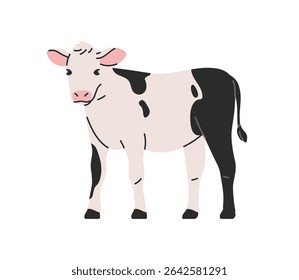 Bezerro em pé. Pequena vaca jovem, animal leiteiro com padrão manchado. Ração rural. Criança de gado, filhote de bebê fofo. Exploração agrícola Ilustração de vetor plano isolada no plano de fundo branco