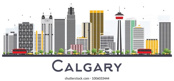 Calgary Canada City Skyline with Gray Buildings Isolated on White Background. Vector Illustration. Business Travel and Tourism Concept with Modern Buildings. Calgary Cityscape with Landmarks.