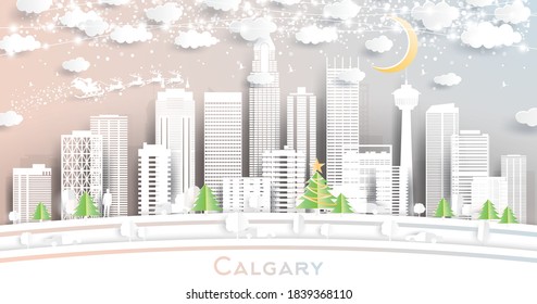 Calgary Canada City Skyline in Paper Cut Style with Snowflakes, Moon and Neon Garland. Vector Illustration. Christmas and New Year Concept. Santa Claus on Sleigh.