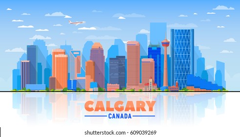 Calgary (Canada) skyline with panorama in sky background. Vector Illustration. Business travel and tourism concept with modern buildings. Image for presentation, banner, web site.