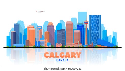Calgary (Canada) skyline with panorama in  white background. Vector Illustration. Business travel and tourism concept with modern buildings. Image for presentation, banner, web site.
