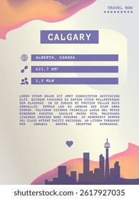 Calgary, Canada vector infographics, brochure layout. Guide, leaflet, flyer, advertising graphic template with text, information, city skyline shape. Page, festival, cover mock up image