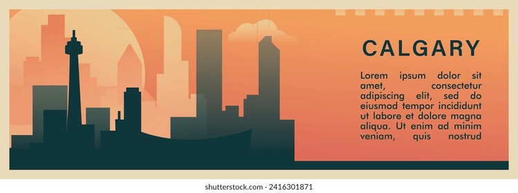 Calgary city brutalism vector banner with skyline, cityscape. Canada, Alberta province retro horizontal illustration, travel layout for web presentation, header, footer