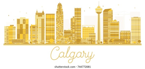 Calgary City skyline golden silhouette. Vector illustration. Business travel concept. Calgary Cityscape with famous landmarks.