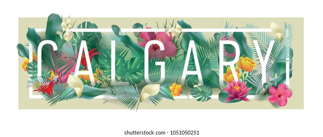 Calgary City Typographic Floral Framed Vector Card Design
