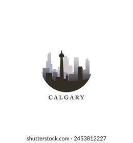 Paisaje urbano de Calgary, insignia de Vector degradado, logotipo plano del horizonte, ícono. Canadá, la ciudad de la provincia de Alberta redondea la idea del emblema con Lugares famosos y siluetas de construcción. Gráfico aislado