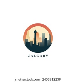 Calgary cityscape, gradient vector badge, flat skyline logo, icon. Canada, Alberta province city round emblem idea with landmarks and building silhouettes. Isolated graphic