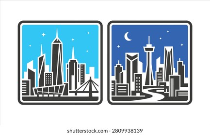 Calgary cityscape vector illustration with daytime and nighttime skyline views in black, white, and blue tones on a white background with stars and a crescent moon.