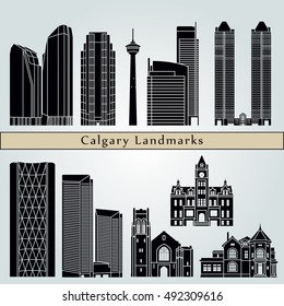 Calgary landmarks and monuments isolated on blue background in editable vector file