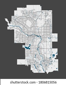 Calgary map. Detailed map of Calgary city administrative area. Cityscape panorama. Royalty free vector illustration. Linear outline map with highways, streets, rivers.