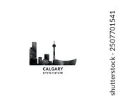 Calgary panorama, vector badge, skyline logo and icon. Canada, Alberta province city horizon logotype with landmarks and building silhouettes. Isolated foggy abstract gradient graphic