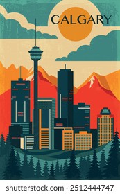 Calgary retro city poster with abstract shapes of skyline, buildings. Canada, Alberta province vintage travel vector illustration, cityscape with mountains