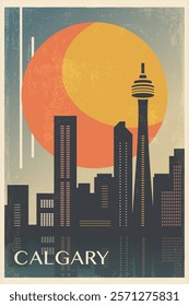 Calgary retro city poster with abstract shapes of skyline, buildings. Canada, Alberta province vintage travel vector illustration, cityscape at sunrise, sunset