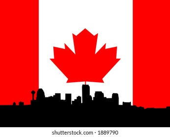 Calgary skyline against Canadian Flag
