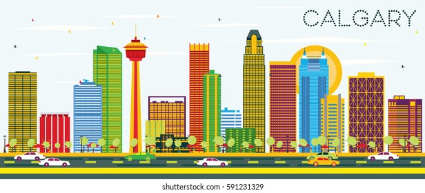 Calgary Skyline with Color Buildings and Blue Sky. Vector Illustration. Business Travel and Tourism Concept with Modern Architecture. Image for Presentation Banner Placard and Web Site