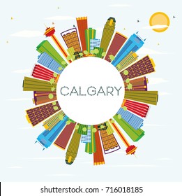 Calgary Skyline with Color Buildings, Blue Sky and Copy Space. Vector Illustration. Business Travel and Tourism Concept with Modern Architecture. Image for Presentation Banner Placard and Web Site.