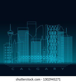 Calgary skyline, detailed silhouette. Modern vector illustration, blue linear style.