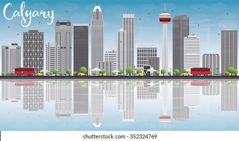 Calgary Skyline with Gray Buildings, Blue Sky and Reflections. Vector Illustration. Business travel and tourism concept with copy space. Image for presentation, banner, placard and web site.