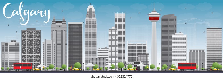 Calgary Skyline with Gray Buildings and Blue Sky. Vector Illustration. Business travel and tourism concept with modern buildings. Image for presentation, banner, placard and web site.