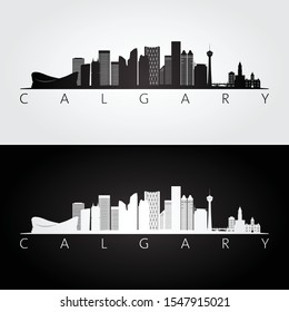 Calgary skyline and landmarks silhouette, black and white design, vector illustration.