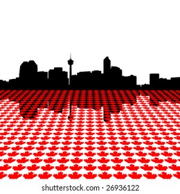 Calgary skyline with maple leaves perspective foreground