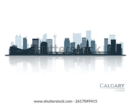 Calgary skyline silhouette with reflection. Landscape Calgary, Alberta. Vector illustration.