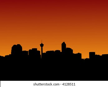 Calgary skyline at sunset with colourful sky illustration