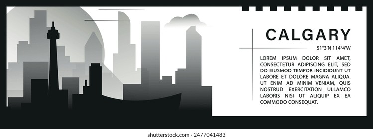 Calgary skyline vector banner, black and white minimalistic cityscape silhouette. Canada Alberta province city horizontal graphic, travel infographic, monochrome layout for website