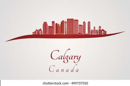 Calgary V2  skyline in red and gray background in editable vector file