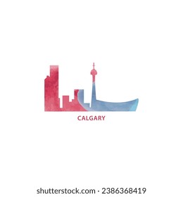 Calgary watercolor cityscape skyline city panorama vector flat modern logo, icon. Alberta province, Canada town emblem concept with landmarks and building silhouettes. Isolated graphic