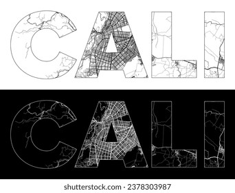 Cali City Name (Kolumbien, Südamerika) mit schwarz-weißer Stadtplan-Vektorgrafik