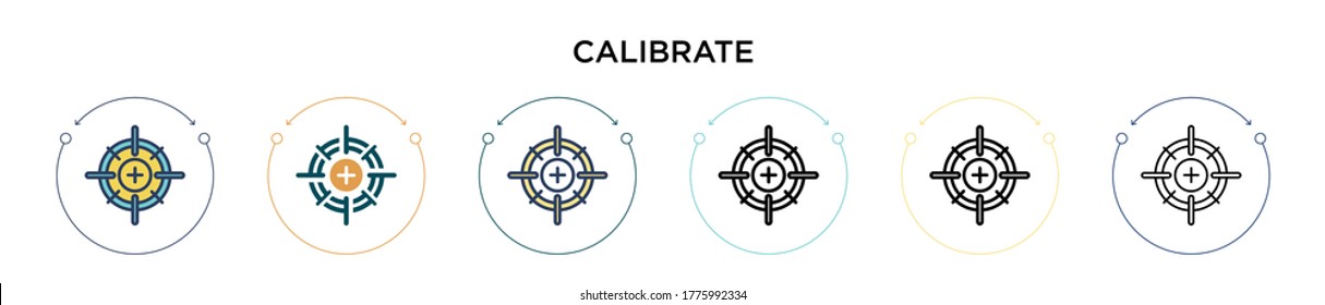 Calibrate icon in filled, thin line, outline and stroke style. Vector illustration of two colored and black calibrate vector icons designs can be used for mobile, ui, web