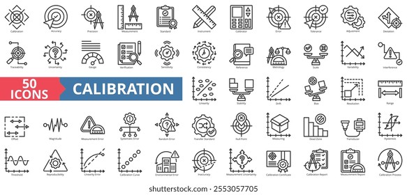 Conjunto de coleta de ícone de calibragem. Conter precisão, precisão, medição, padrão, instrumento, calibrador, erro, tolerância, ajuste, desvio, rastreabilidade, incerteza, indicador, verificação