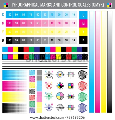 Calibration printing crop marks. CMYK color test vector document. Illustration of calibration color cmyk