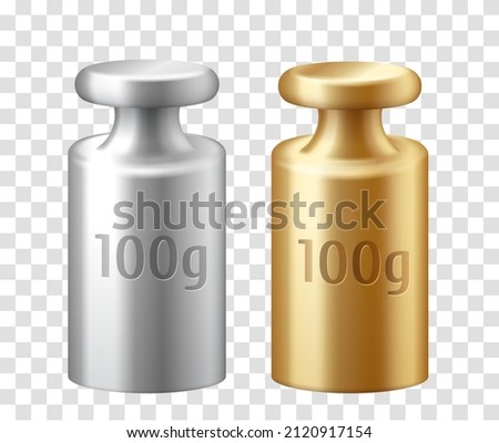 Calibration weights 100 gram realistic isolated set. Golden and silver precision 3d weight for balance scales. Mass measurement equipments in grams. Vector illustration