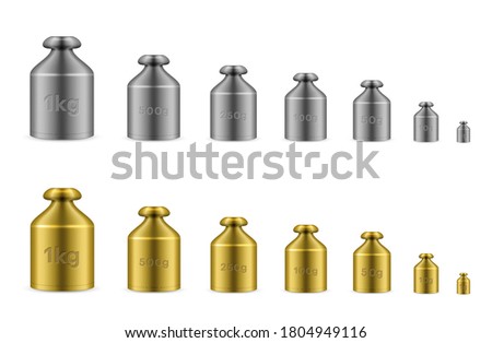 Calibration weights golden, silver range for beam balances. Measuring metal equipment different sizes for scale at laboratory, jewelry shop, pharmacy. Vector realistic set isolated on white.