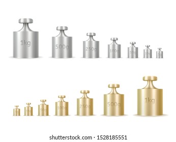 Calibration weights realistic isolated vector illustrations set. Golden and silver precision 3d weight for balance scales. Mass measurement equipments in grams and kilograms cliparts collection