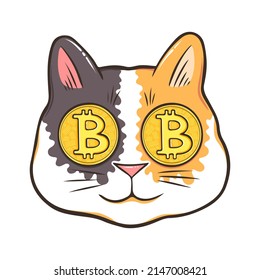 Gato de Calico con ojos de bitcoin de diseño dibujado a mano. Crypto cat idea de arte moderno