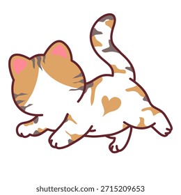 Calico cat character crouching pose with heart patch and tail graphic