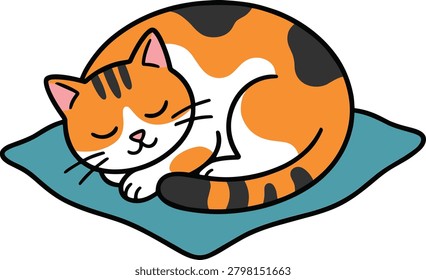 Calico cat curled in a ball sleeping on a blue pillow